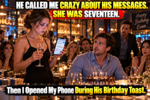 We lived together. Shared a dog. Talked about rings.Then a notification appeared on his phone from someone telling him she was seventeen.
He knew.
When I asked about the messages, he called me crazy.
Days later, his friends threw him a birthday party at his favorite bar. I showed up. I let him hug me. I watched him blow out the candles.
Then I stood, tapped my glass, and opened my phone.
He was still smiling when I began.
👉 …Continue Read More…