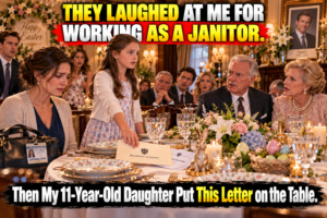 My wealthy in-laws laughed when they learned I was still working as a janitor three years after their son died. At Easter dinner, my mother-in-law smirked, “Still cleaning toilets?” Then my father-in-law said, “My son had such a brilliant future. It's painful to see what was left behind.” I stayed quiet. But my 11-year-old daughter suddenly stood up and said, “No. You need to listen carefully, Grandma and Grandpa… because you have no idea what my mother has done for this family.” Then she placed an envelope from my workplace on the table—and nobody laughed again.