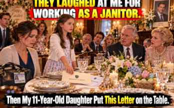 My wealthy in-laws laughed when they learned I was still working as a janitor three years after their son died. At Easter dinner, my mother-in-law smirked, “Still cleaning toilets?” Then my father-in-law said, “My son had such a brilliant future. It's painful to see what was left behind.” I stayed quiet. But my 11-year-old daughter suddenly stood up and said, “No. You need to listen carefully, Grandma and Grandpa… because you have no idea what my mother has done for this family.” Then she placed an envelope from my workplace on the table—and nobody laughed again.