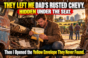 When Dad died, my brothers moved fast. Dale took the farm. Eric claimed the equipment, cattle, and grain contracts. By the time they got to me, all that remained was Dad's rusted old Chevy behind the barn. Dale tossed me the keys and laughed, “Fits you better anyway.” I planned to sell it for scrap—until my hand caught on a yellow envelope duct-taped deep beneath the driver's seat. Inside was a brass key, a property document, and a letter with my name written in Dad's handwriting. The first instruction said: “Don't call your brothers yet.”