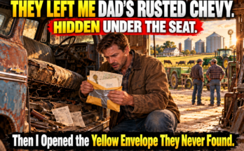 When Dad died, my brothers moved fast. Dale took the farm. Eric claimed the equipment, cattle, and grain contracts. By the time they got to me, all that remained was Dad's rusted old Chevy behind the barn. Dale tossed me the keys and laughed, “Fits you better anyway.” I planned to sell it for scrap—until my hand caught on a yellow envelope duct-taped deep beneath the driver's seat. Inside was a brass key, a property document, and a letter with my name written in Dad's handwriting. The first instruction said: “Don't call your brothers yet.”