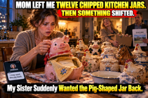 My sister inherited Mom’s house and $145,000. My brother got the family land. After four years caring for Mom, I received twelve chipped kitchen jars.“You always did love junk,” my sister said.
That night, I washed them one by one. The pig-shaped jar felt unusually heavy. Something shifted when I tilted it.
Beneath an old dishcloth, I found an envelope with my name on it.
Before I finished reading, my sister sent a message: “I may want the pig back.”
👉 …Continue Read More…