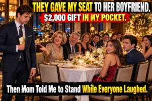 He arrived at his parents’ 30th anniversary dinner carrying a $2,000 gift, only to discover his chair had been removed for his sister’s new boyfriend. One humiliating joke forced an entire family to confront years of overlooked boundaries, favoritism, and assumptions.