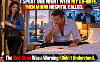 Create a cinematic 3:2 website thumbnail depicting a tense mystery surrounding a reunion between divorced spouses in Miami. In the foreground, show Marcus, a middle-aged construction-company owner in a partially unbuttoned business shirt, seated at the edge of a hotel bed at dawn, staring in shock at a small, non-graphic red stain on the white sheet. Near the doorway, show Sarah, his adult ex-wife wearing a blue blouse with long sleeves, holding her bag protectively while a subtle bandage is visible near her palm. A closed blue business folder protrudes from the bag, with its contents and company name concealed. In a restrained background memory layer, suggest a hospital corridor and Marcus receiving an alarming phone call a month later. Use cool dawn light through hotel curtains contrasted with warm bedside lamplight. Keep the cause of the injury, the danger, and the ending unrevealed. Main Headline across the upper third: “I SPENT ONE NIGHT WITH MY EX-WIFE.” Highlight Banner beneath it: “THEN MIAMI HOSPITAL CALLED.” Supporting Headline across the lower third: “The Red Stain Was a Warning I Didn’t Understand.” Hyper-realistic, cinematic, emotional, dramatic lighting, expressive faces, ultra-detailed, movie-poster quality, rich color grading, 8K, professional composition, optimized for a 3:2 website thumbnail, readable integrated typography, no watermark.