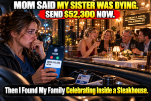 At 11:48 p.m., my sister called me an “overpaid maid.”At 2:41 a.m., Mom demanded $52,300.

“Chloe is dying. The hospital won’t operate without payment.”

I’m an emergency-room nurse. The story didn’t fit.

By 3:30, I had verified that the claimed surgery and payment demand did not come from my hospital.

By 4:30, I was parked outside a steakhouse.

My sister was laughing.

Mom answered my call and said she was “still critical.”

An hour later, I entered the bank and printed the document I had avoided looking at for seven years.

👉 …Continue Read More…
