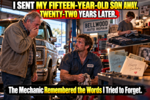 father abandoned teenage son, son sent to uncle farm, grieving boy mother died, father ignored birthday cards, reunion at mechanic shop, son mother eyes story, stepmother sewing studio, estranged father son reconciliation, twenty-two year family separation, father regret emotional fiction, adult son boundaries, uncle raised nephew, broken truck family reunion, repairing family trust, son remembered cruel words, emotional family drama